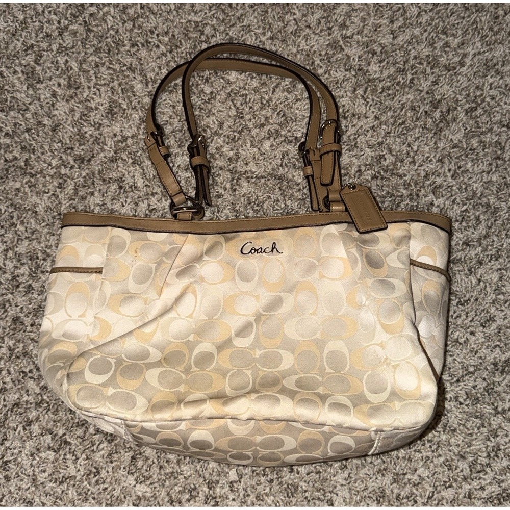 Coach Gallery 3 Color Signature Cream Sateen Tote Shoulder Bag F17676 Y2K Mono